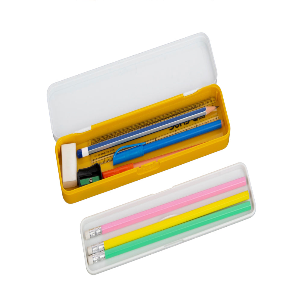 Front view of open pencil box with pencils, an eraser and a pen inside, next to a separate slim pencil case.