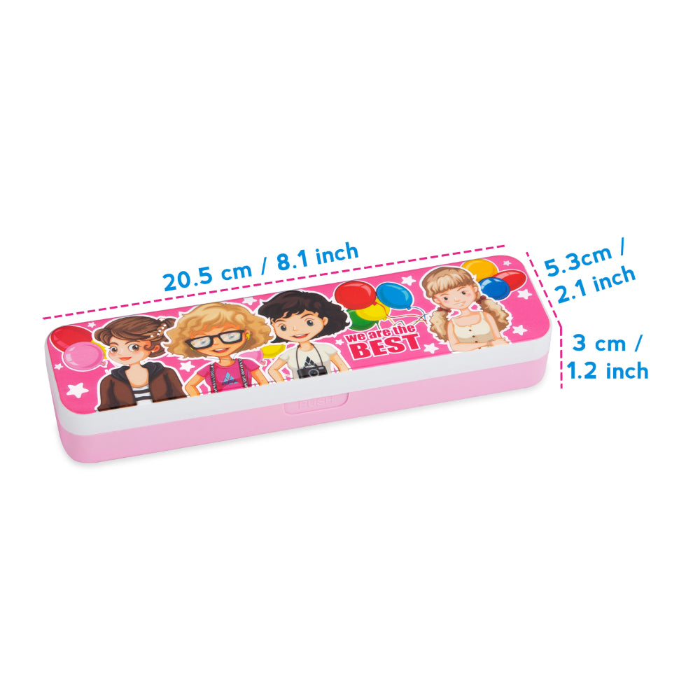 Pink compass box diagram showing 20.5 cm length, 5.3 cm width, and 3 cm height.