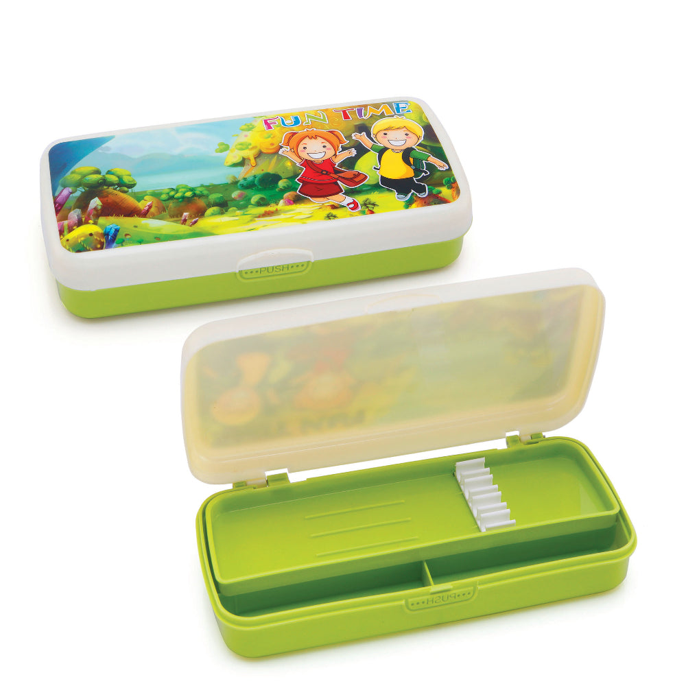Kids Pen Box with Separator with measurement markings for its dimensions