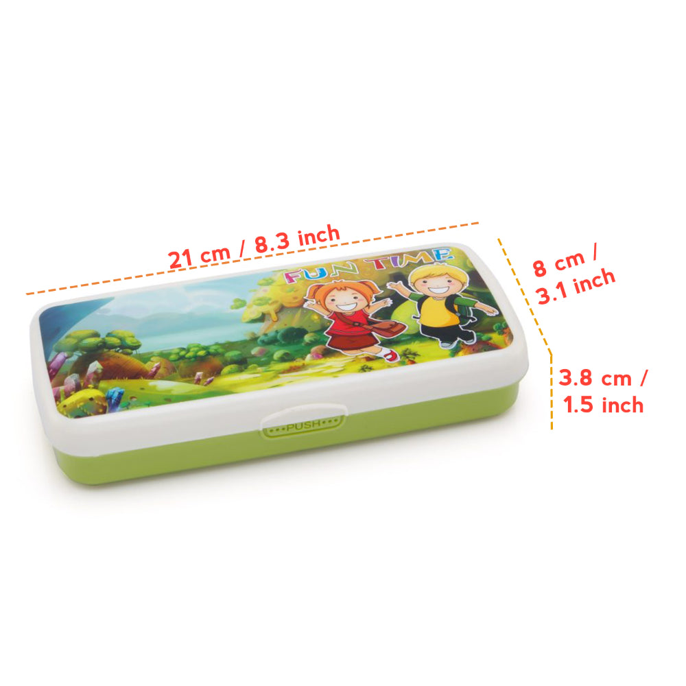 Kids Pen Box with Separator showing printed lid and divided interior