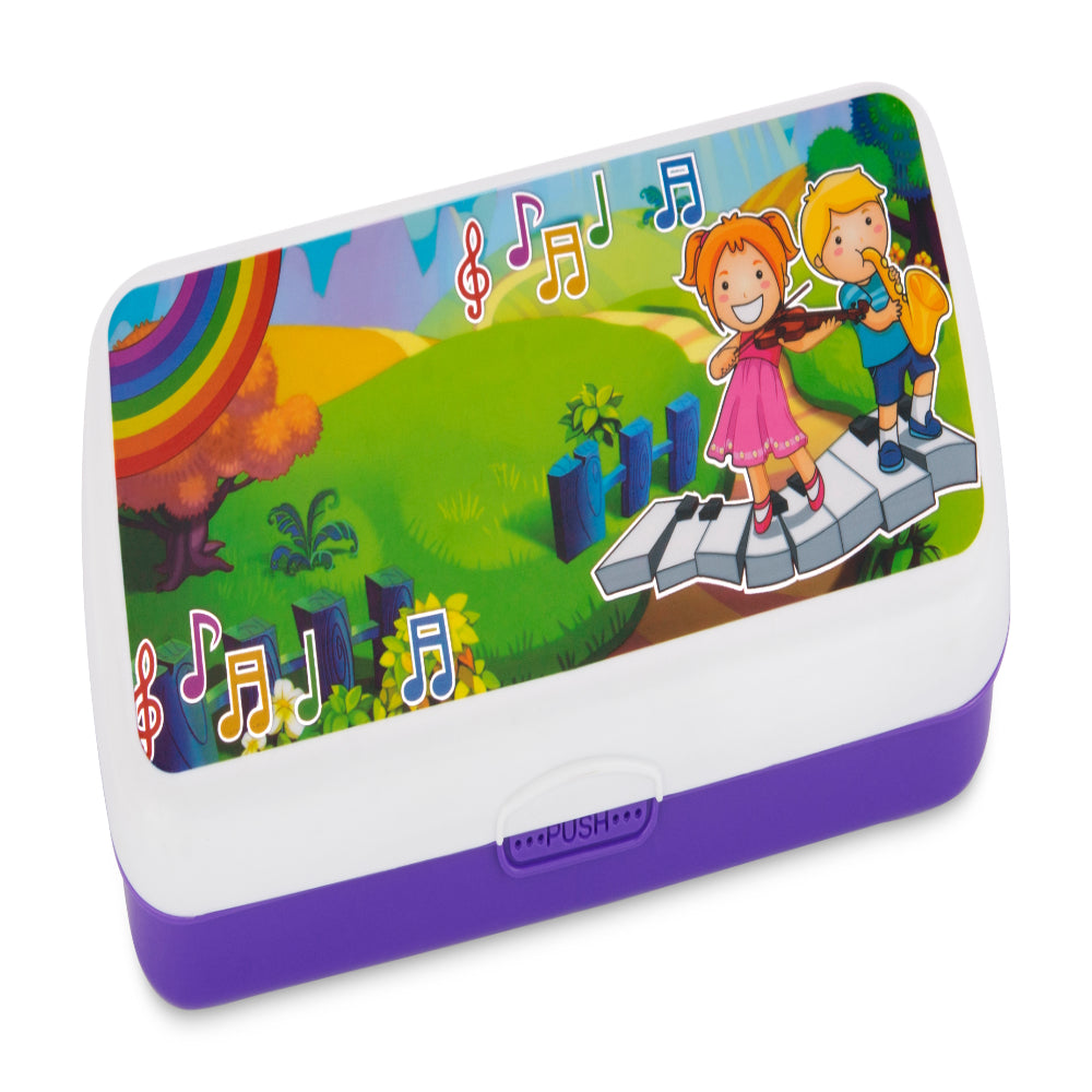 Closed stationery box shown from above, with a colorful cartoon kids-on-piano-keys graphic printed on the lid.