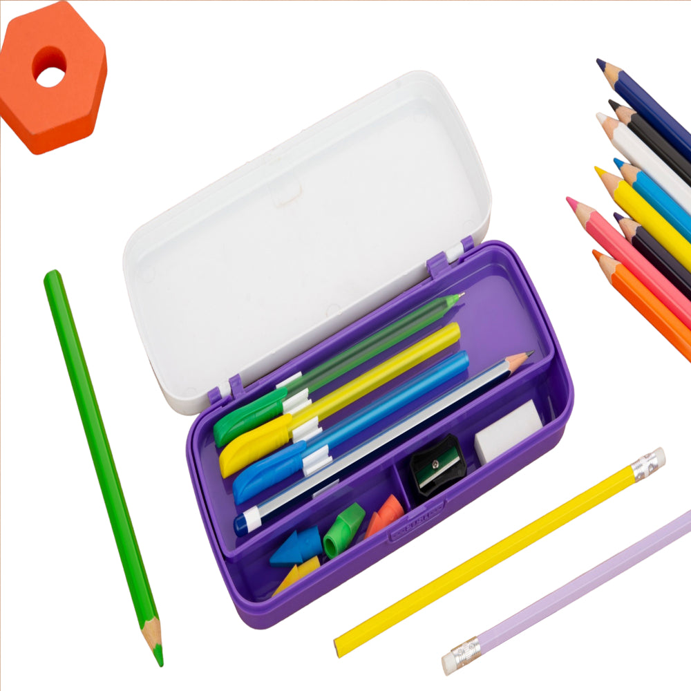 Open purple stationery box with pencils inside and loose colored pencils scattered beside it, on a white background.