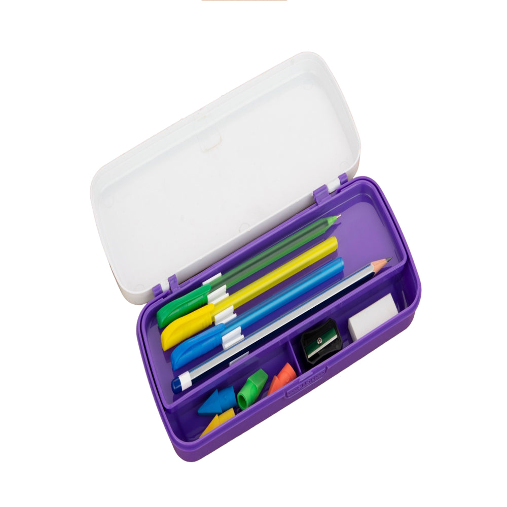 Open purple stationery box showing its compartments with pencils, sharpener and eraser inside, against a plain.