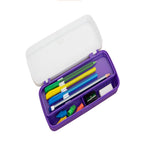 Open purple stationery box showing its compartments with pencils, sharpener and eraser inside, against a plain.