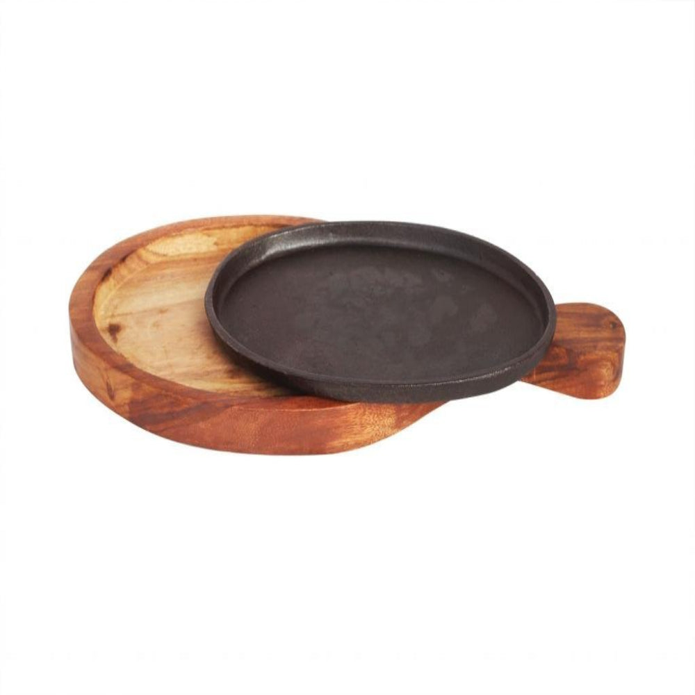 Cast Iron Sizzler Plate with Wooden Base, 15cm x 7cm