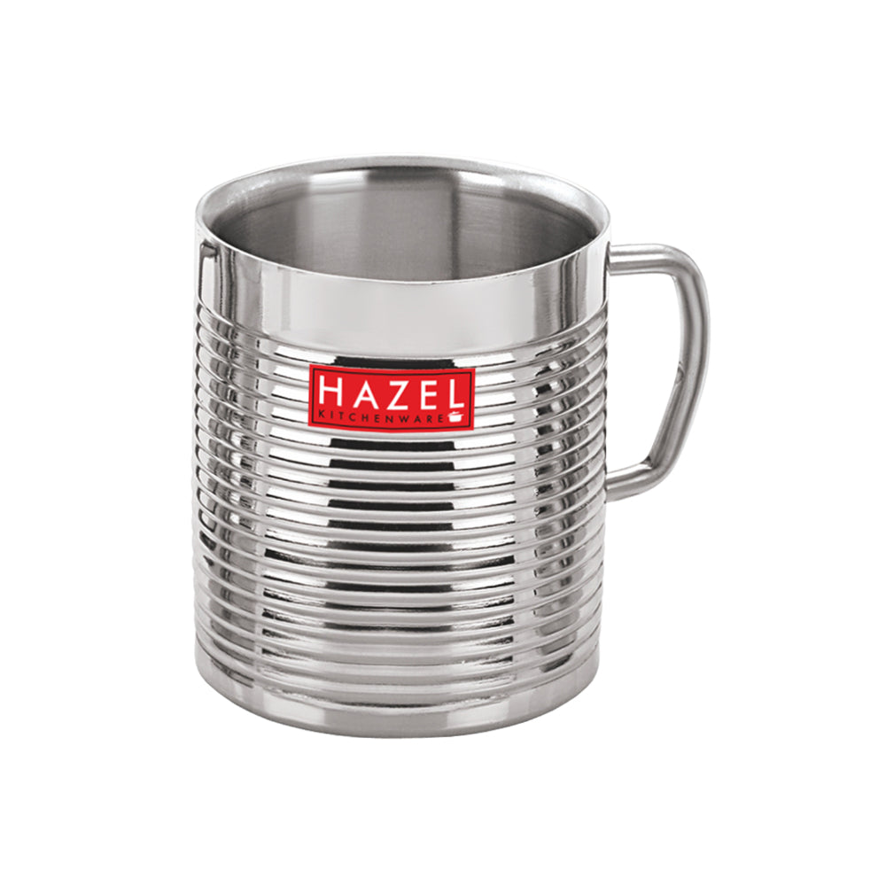 Single ribbed stainless steel coffee mug shown at a 45-degree angle on a white background.
