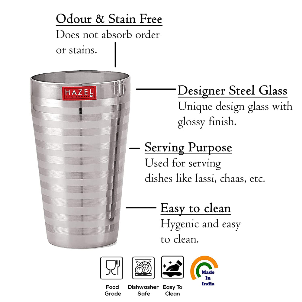 Feature callout graphic listing odour-free, designer glass, serving and easy-to-clean benefits around a steel glass.