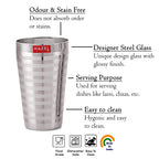 Feature callout graphic listing odour-free, designer glass, serving and easy-to-clean benefits around a steel glass.