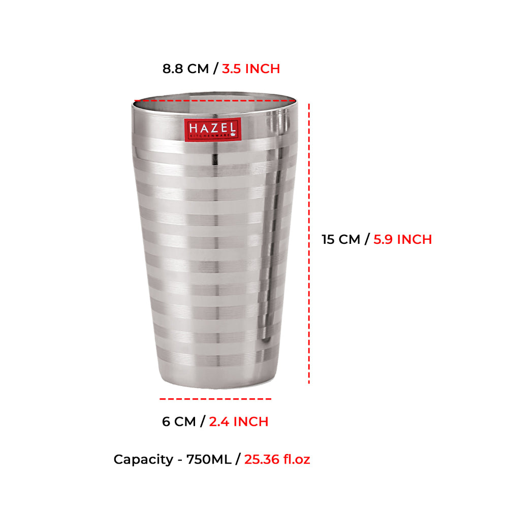 Dimension diagram of the steel glass showing height, diameter and 750ML capacity callouts.