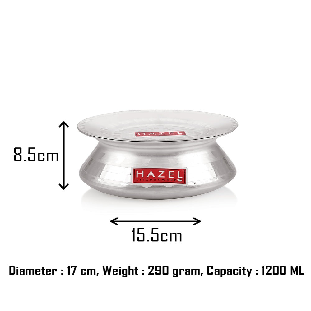 Aluminium handi diagram showing 17 cm diameter, 8.5 cm height, and 1200 ml capacity.