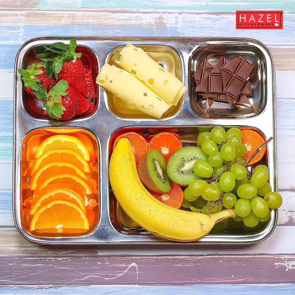 Rectangle Stainless Steel 5 Compartment Mess Plate, Set of 2