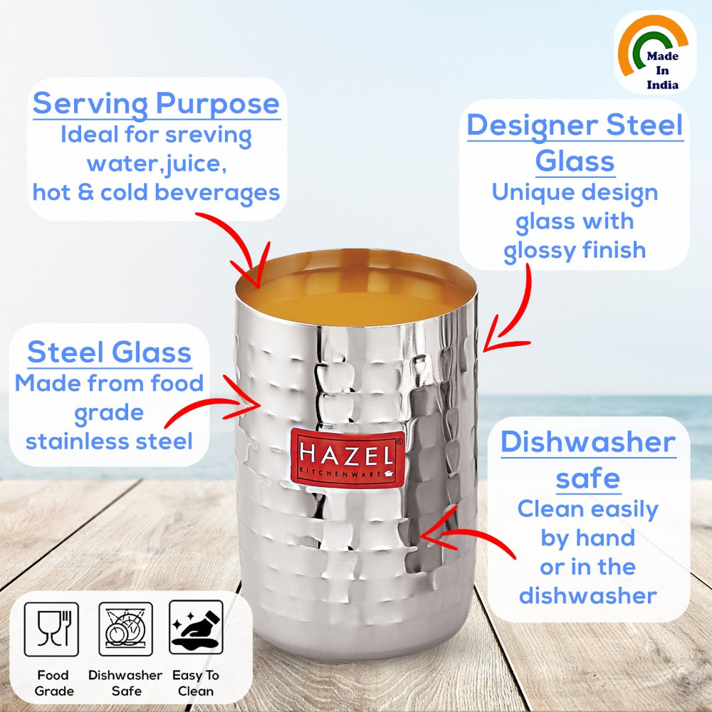 Hammered Stainless Steel Glass Set of 12 (350 ML Each)