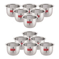 Twelve mini stainless steel tea glasses arranged in two stacked pyramids on a white background.