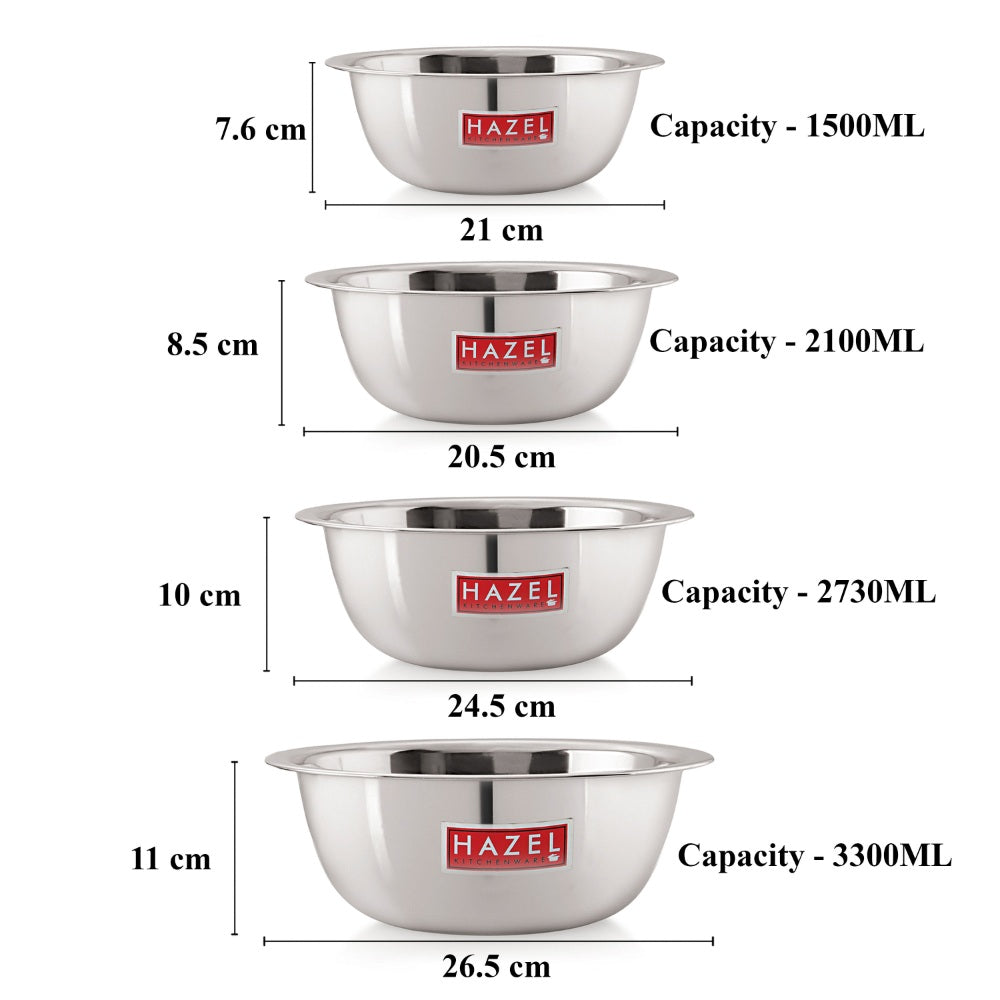 Stainless Steel Mixing Bowl Set of 4 1500, 2100, 2730, 3300 ML