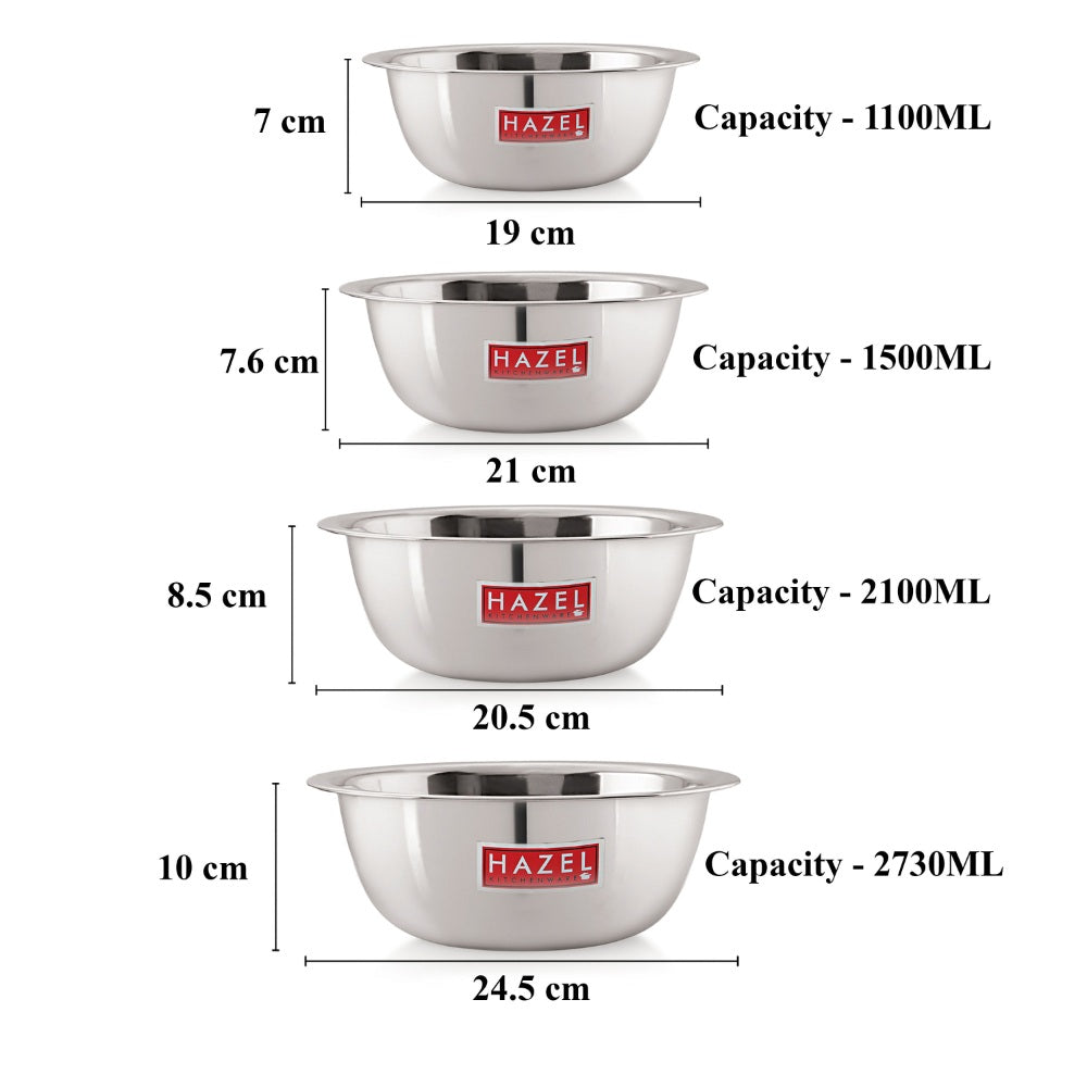 Stainless Steel Mixing Bowl Set of 4 1100, 1500, 2100, 2730 ML