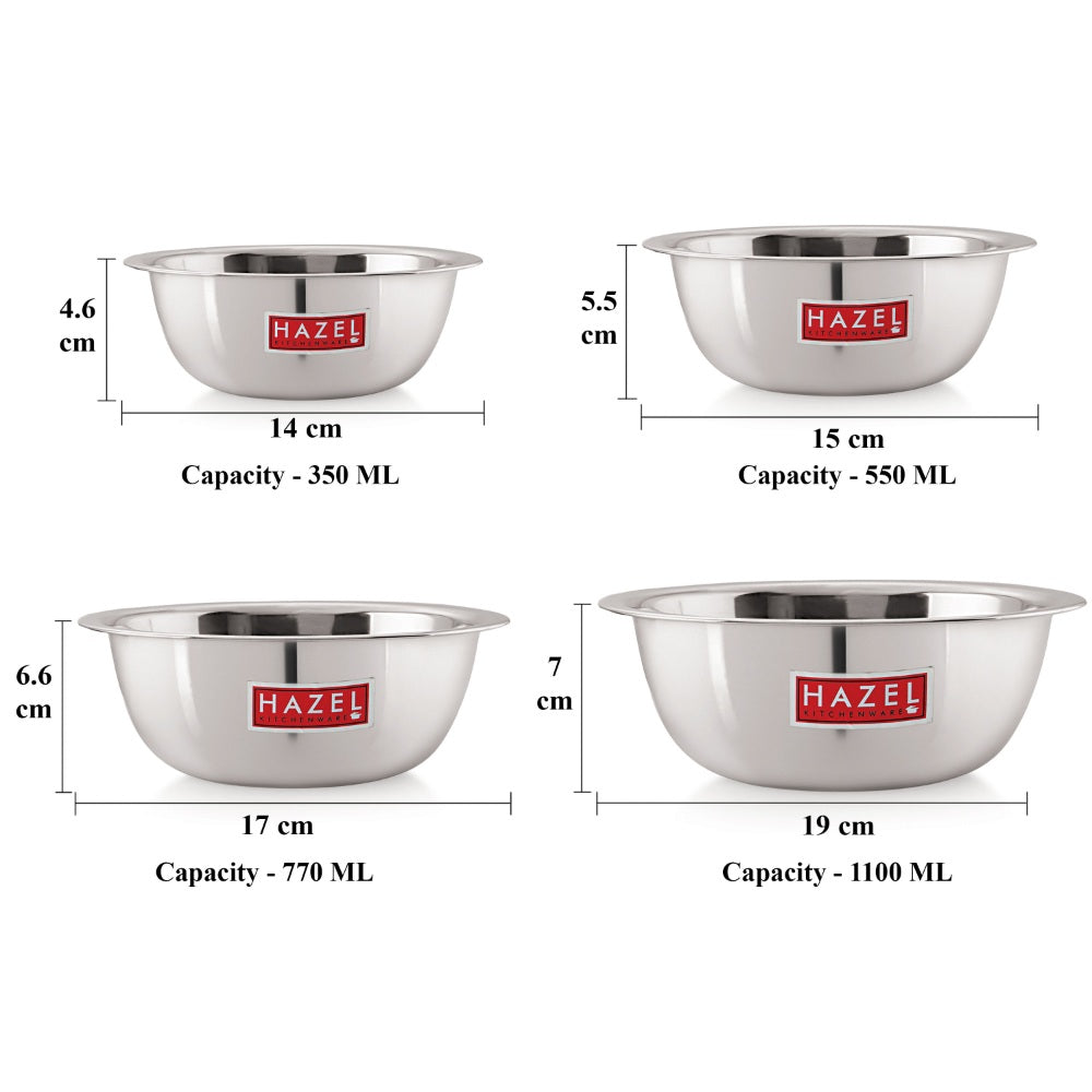 Stainless Steel Mixing Bowl Set of 4, 350,550, 770, 1100 ML
