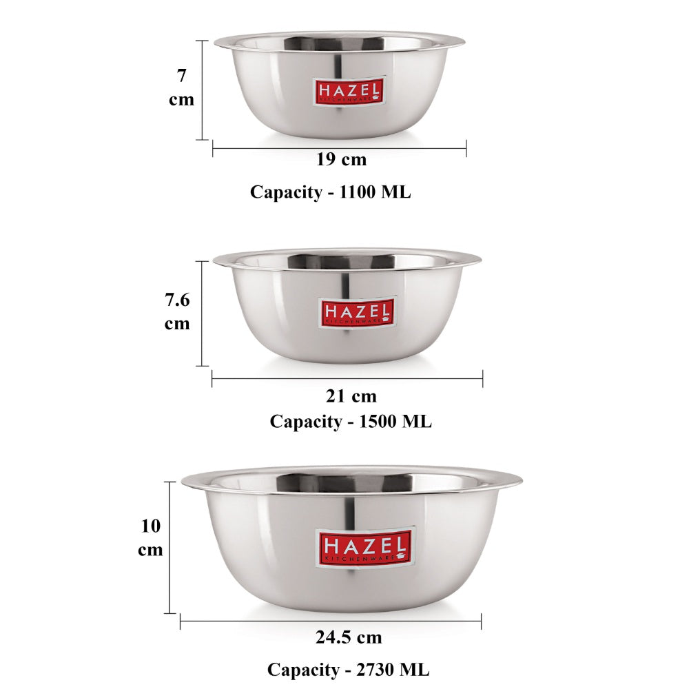 Stainless Steel Mixing Bowl Set of 3, 1100 ML, 1500 ML, 2730 ML