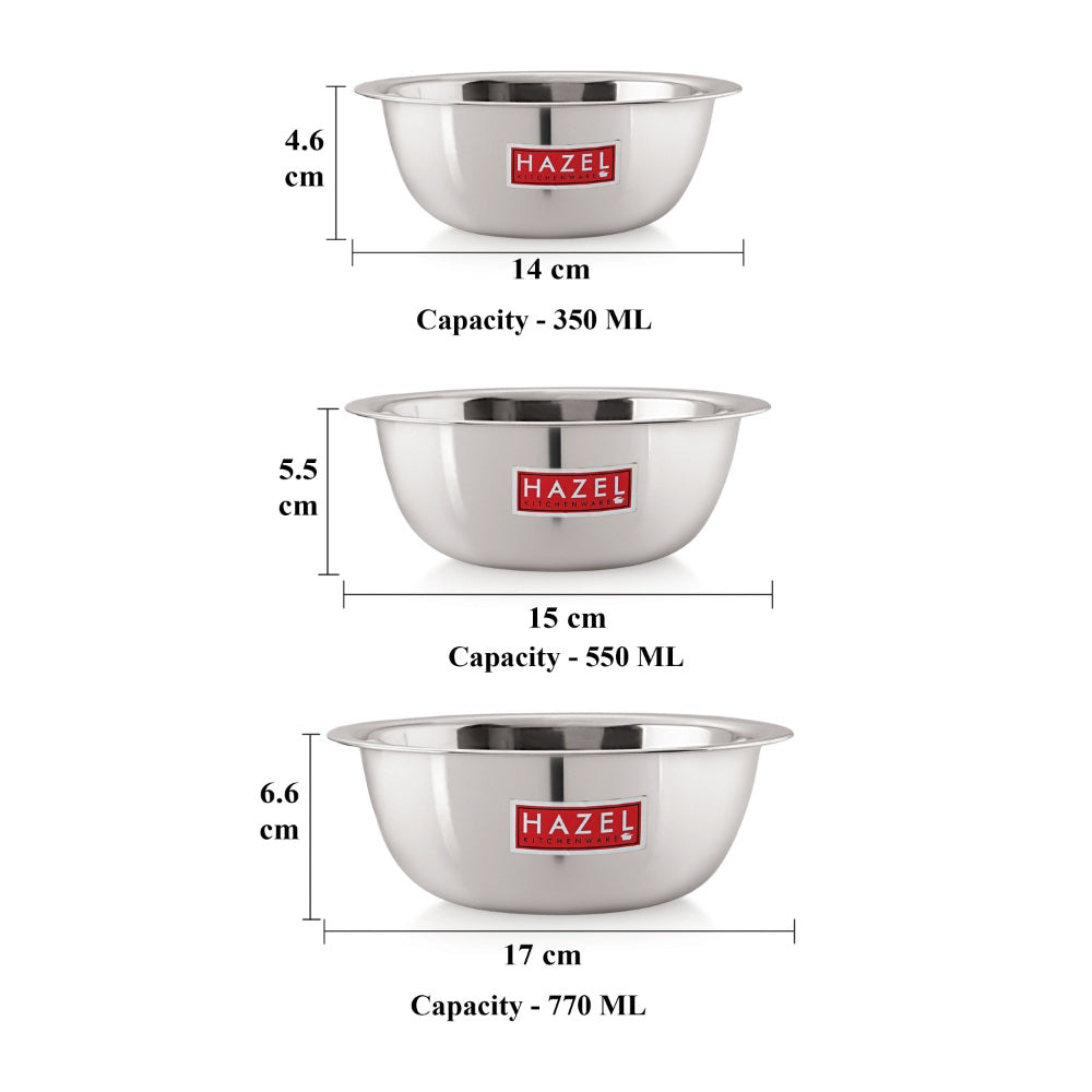 Stainless Steel Mixing Bowl Set of 3, 350 ML, 550 ML, 770 ML