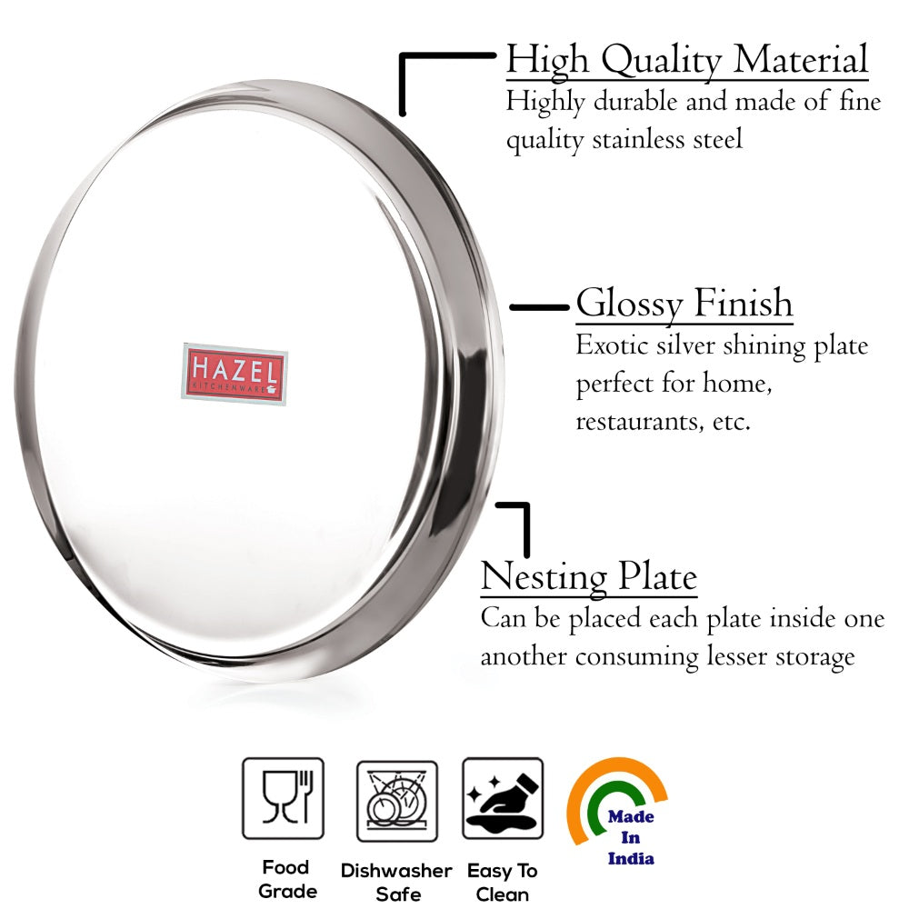 Mirror Finish Stainless Steel Dinner Plate Set of 6, 25.5 cm