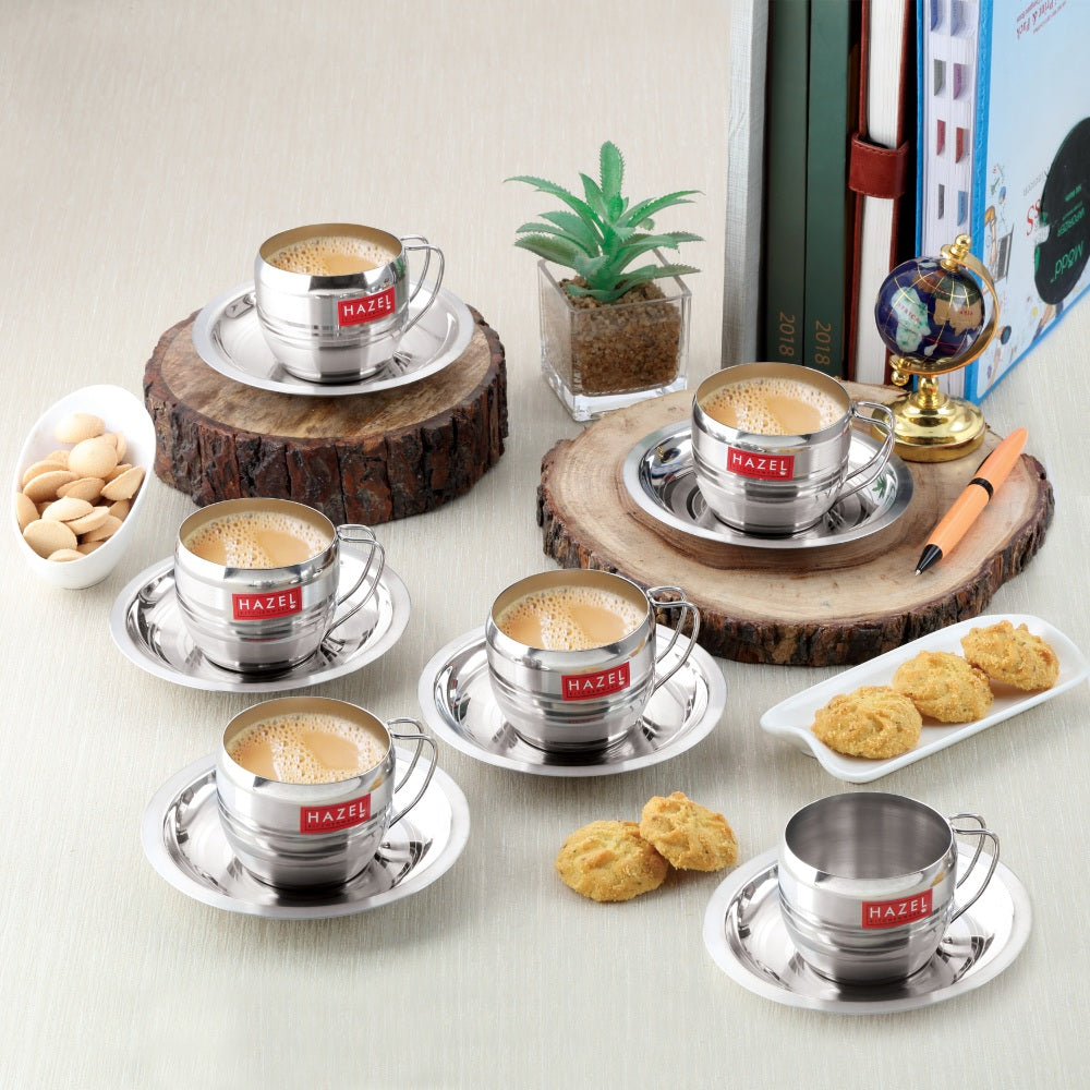 Stainless Steel Cup With Saucer ,  170ML Set Of 6