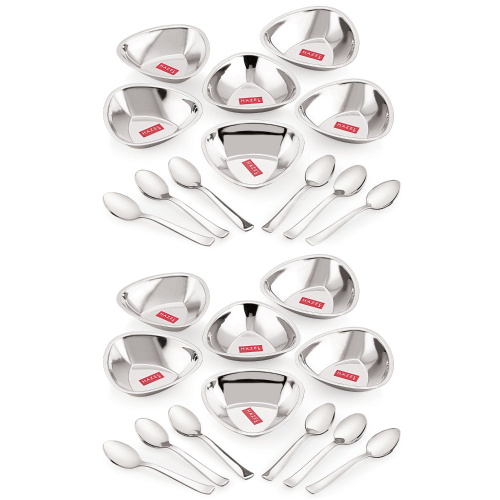 Triangular Shaped Stainless Steel  Katori with Spoon Set, 250 ML (12 Vati, 12 Spoon)