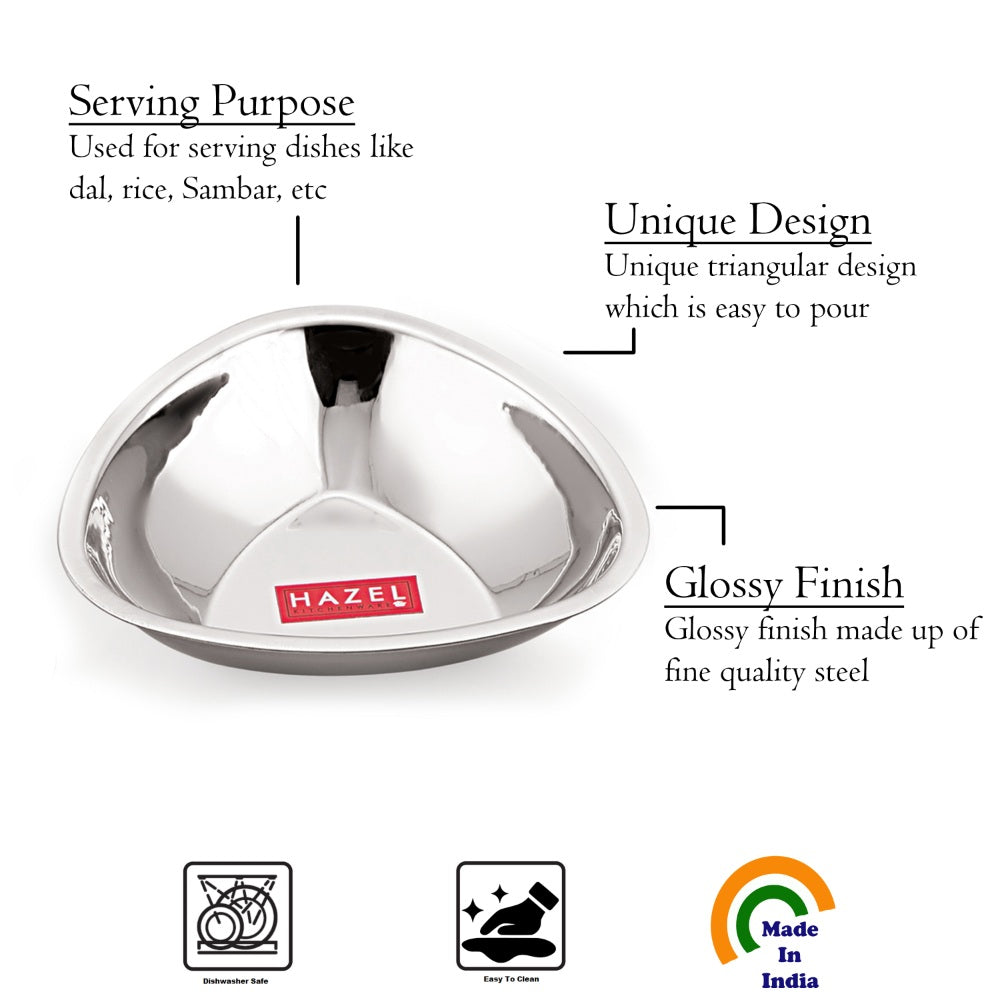 Triangular Shaped Stainless Steel  Katori with Spoon Set, 250 ML (12 Vati, 12 Spoon)