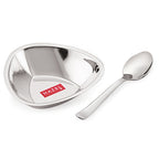Triangular steel bowl shown at an angle with a spoon alongside on a white background.