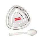 Triangular steel serving bowl shown top-down with a matching spoon below on white.