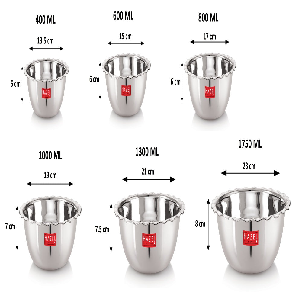 Stainless Steel Vati Set Of 6, 400, 600, 800, 1000, 1300, 1750 ML