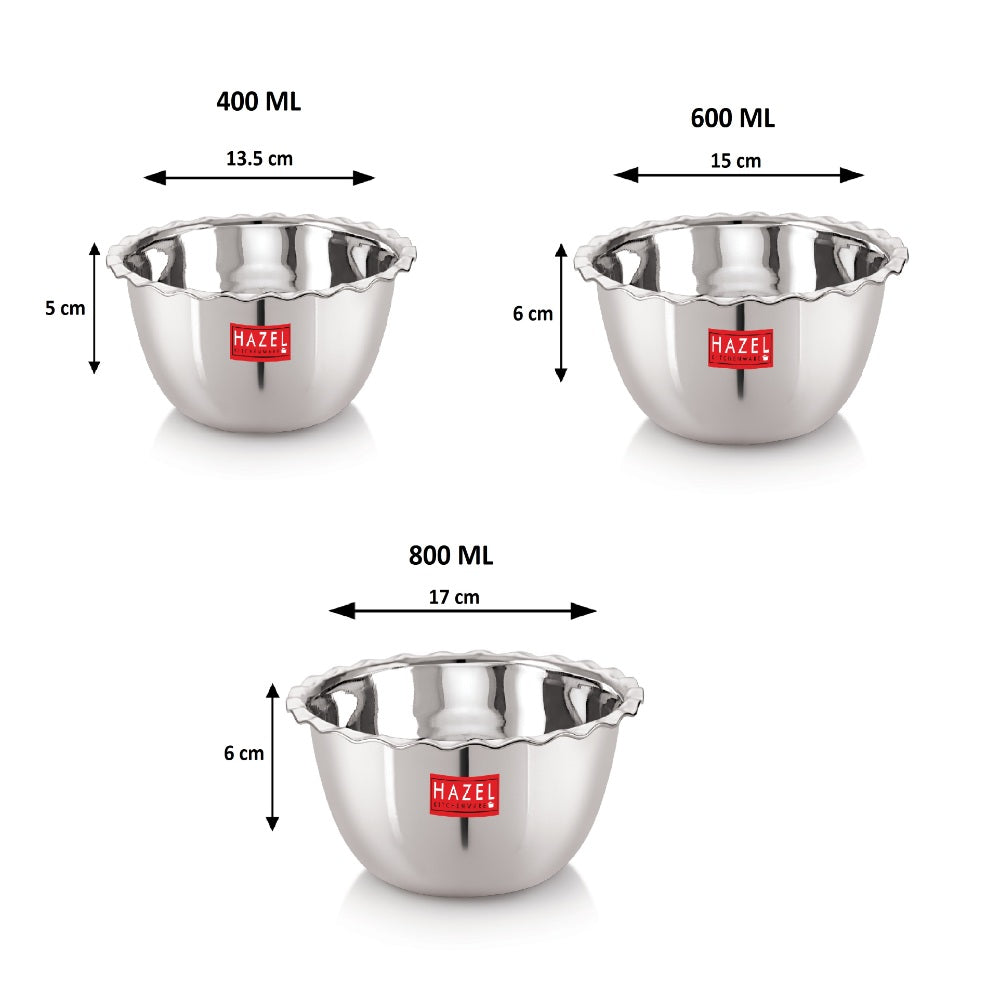 Stainless Steel Serving Bowl Set Of 3, 400, 600, 800 ML