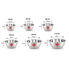 Size chart of the six serving bowls annotated with capacities from 400 ML to 1750 ML and matching dimensions.