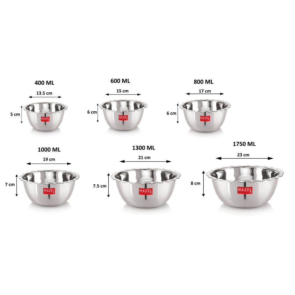 Size chart of the six serving bowls annotated with capacities from 400 ML to 1750 ML and matching dimensions.
