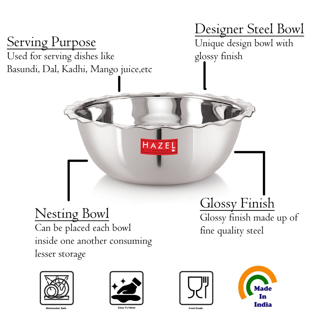 Feature infographic of a designer steel bowl highlighting serving purpose, nesting design and glossy finish with care icons.