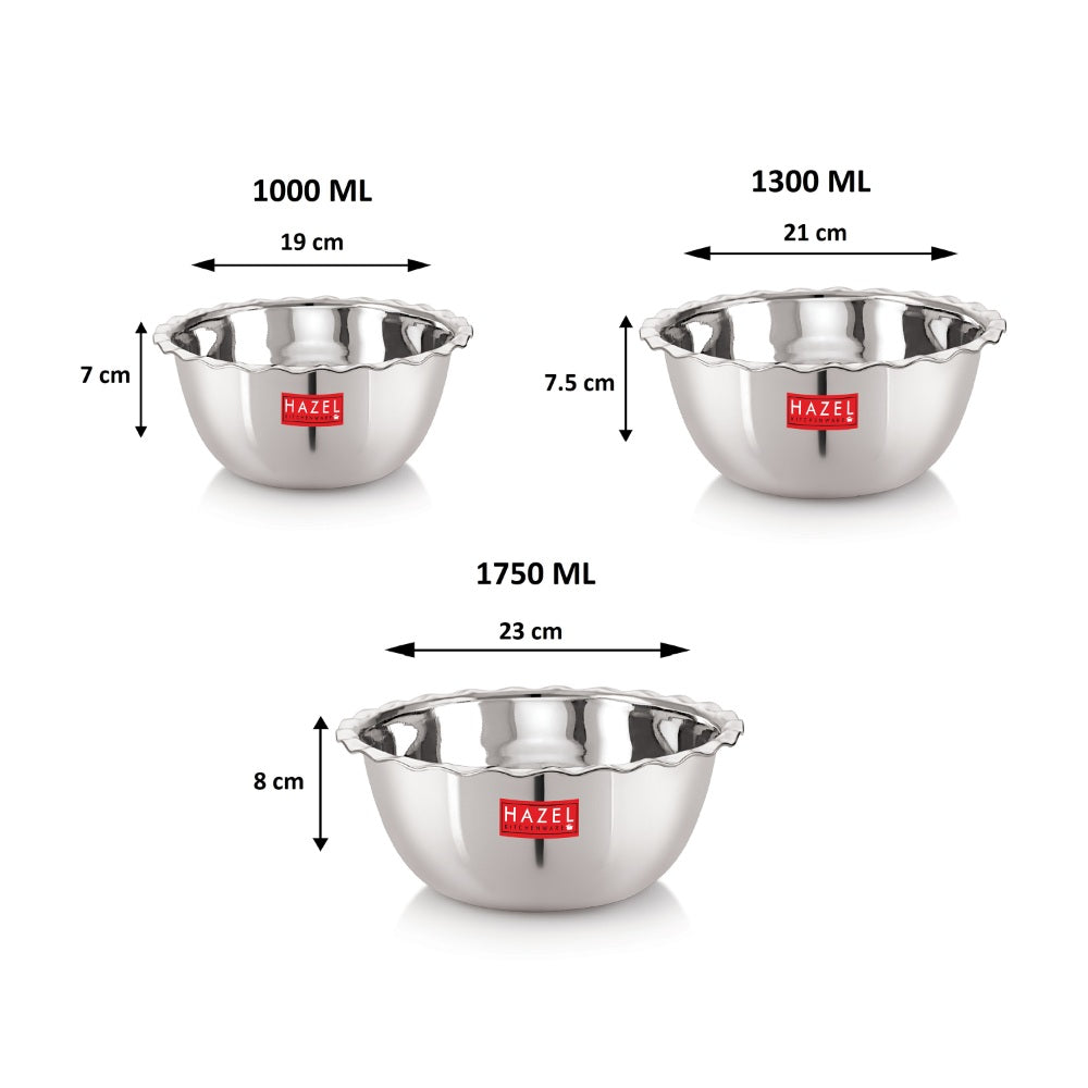 Three steel vati bowls annotated with capacities and dimensions of 1000ML, 1300ML and 1750ML.