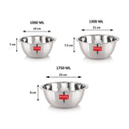 Three steel vati bowls annotated with capacities and dimensions of 1000ML, 1300ML and 1750ML.