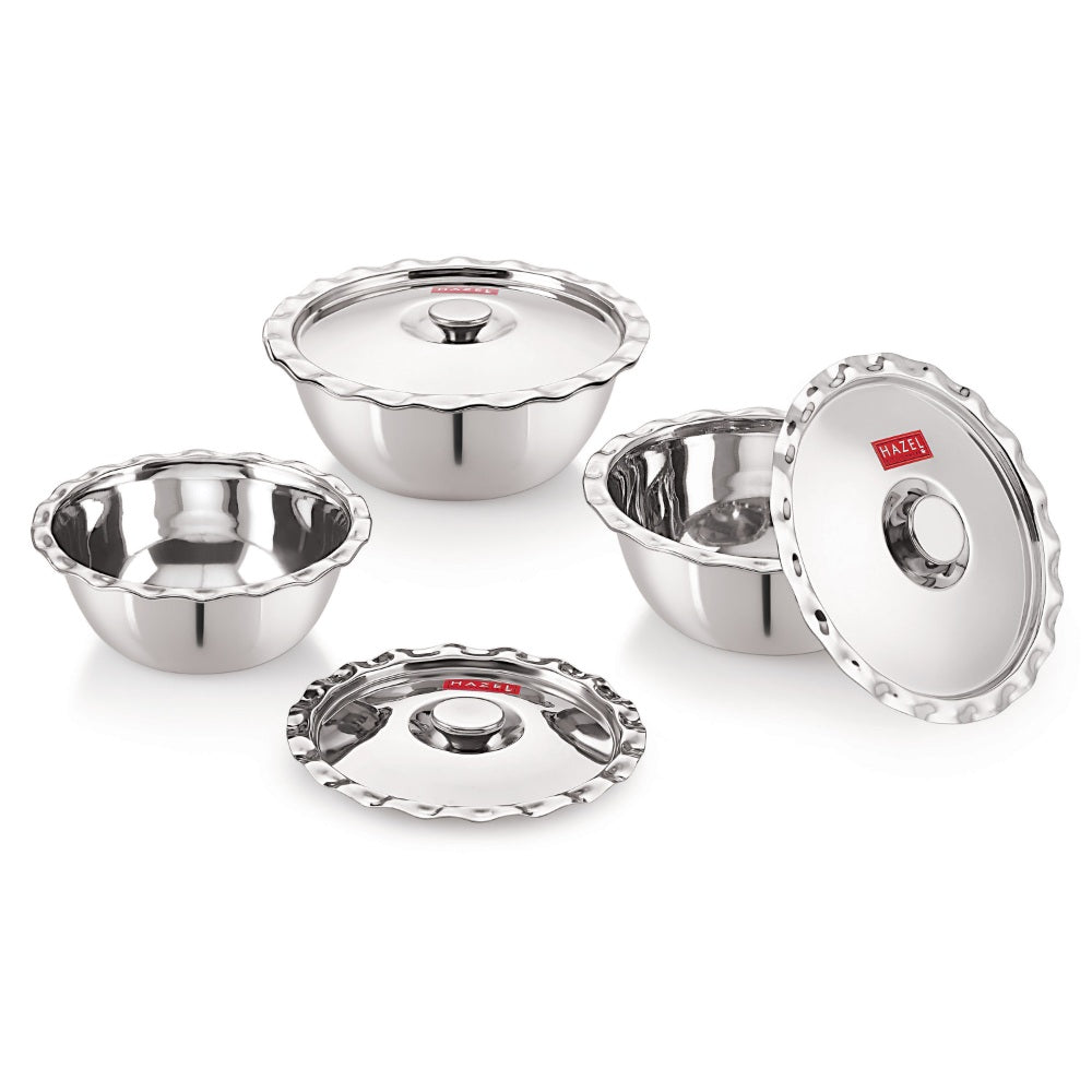Stainless Steel Katori With Lid - Set Of 3, 400, 600, 800 ML