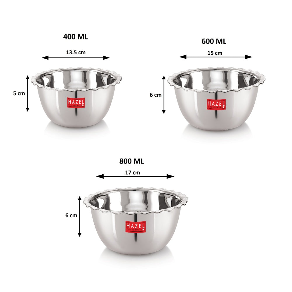 Stainless Steel Katori With Lid - Set Of 3, 400, 600, 800 ML