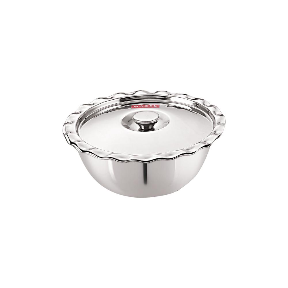 Stainless steel serving bowl with its matching domed lid on a white background.