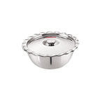 Stainless steel serving bowl with its matching domed lid on a white background.