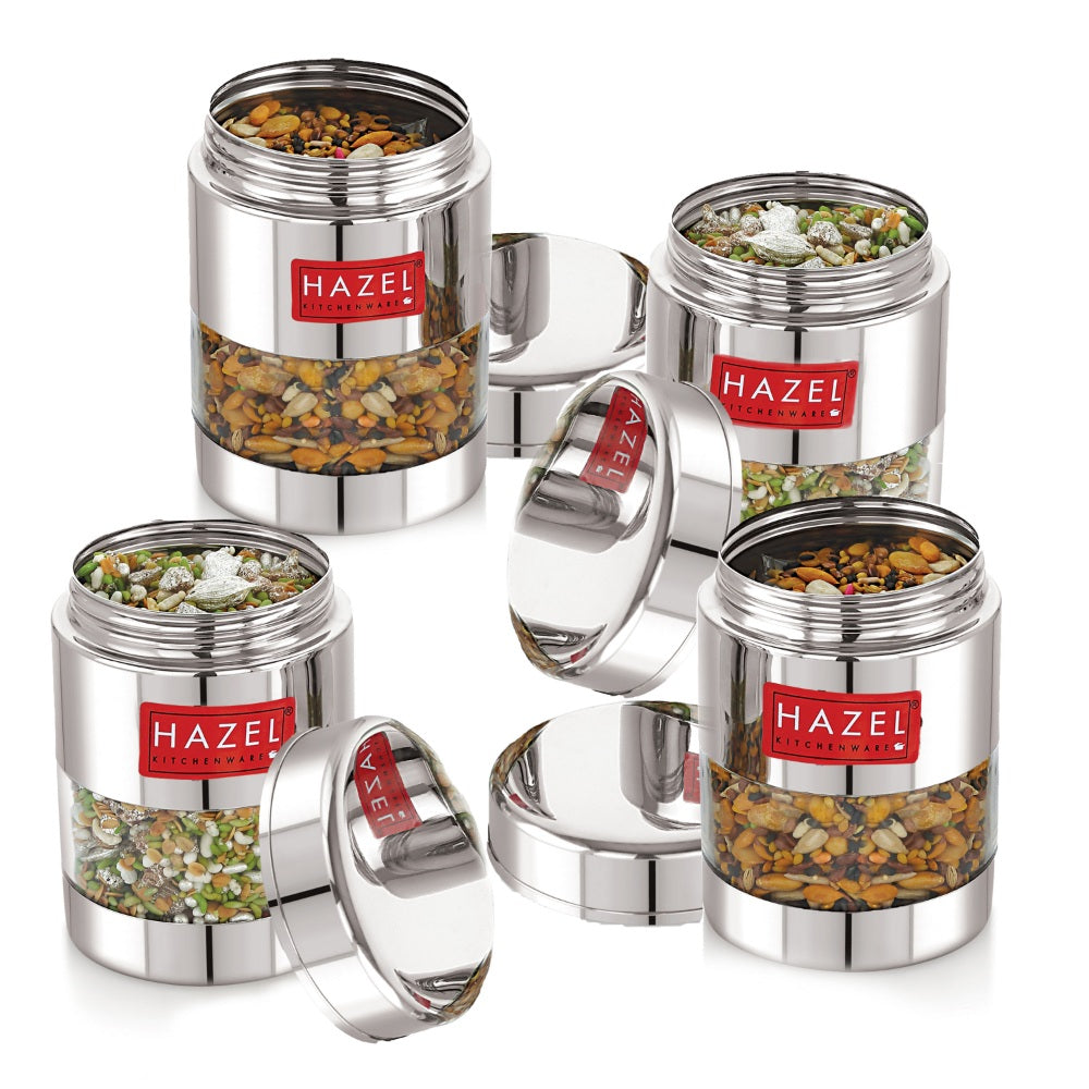 Airtight Stainless Steel Mukhwas Container with Transparent Lid, 170ml - Set of 4