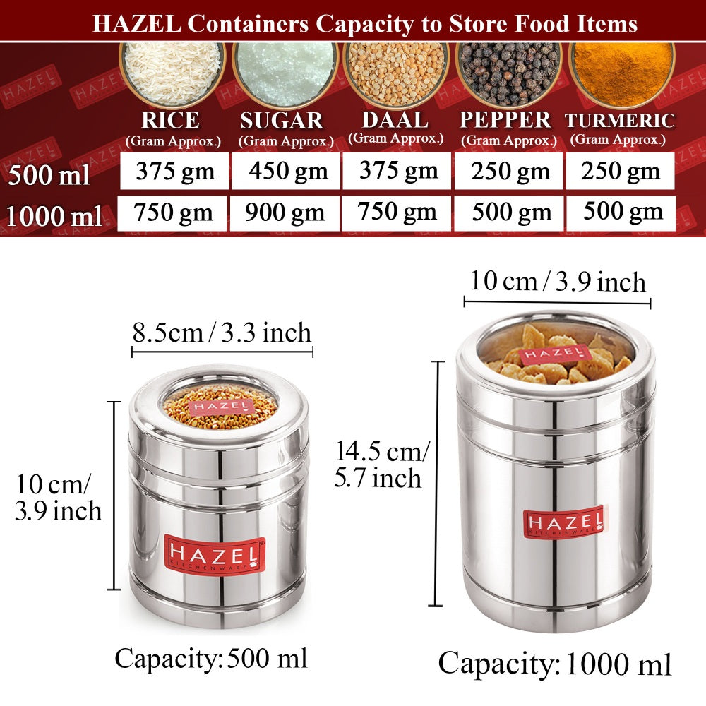 Steel Container With Transparent Lid , Set of 2 (500, 1000 ML)