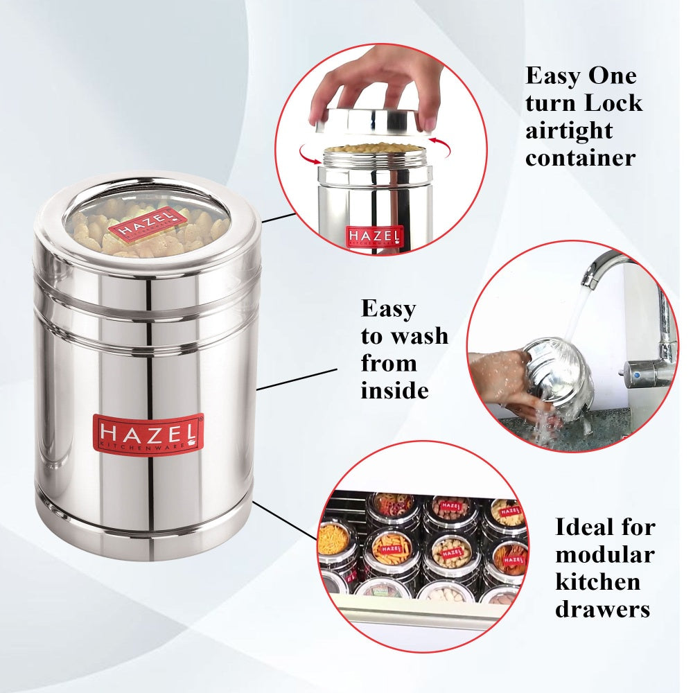 Steel Container With Transparent Lid for pulses, Set of 6 (1000 ML Each)