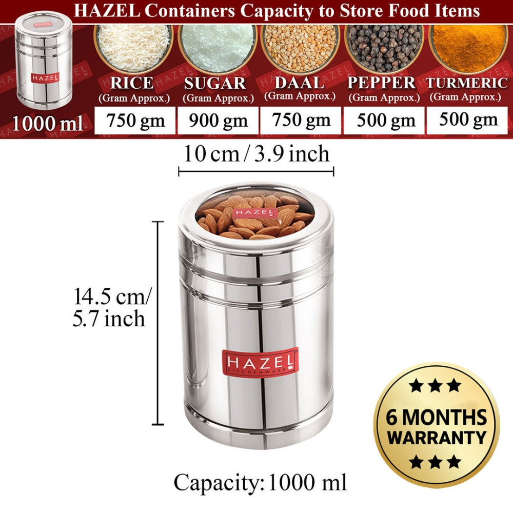 Steel Container With Transparent Lid for pulses, Set of 6 (1000 ML Each)