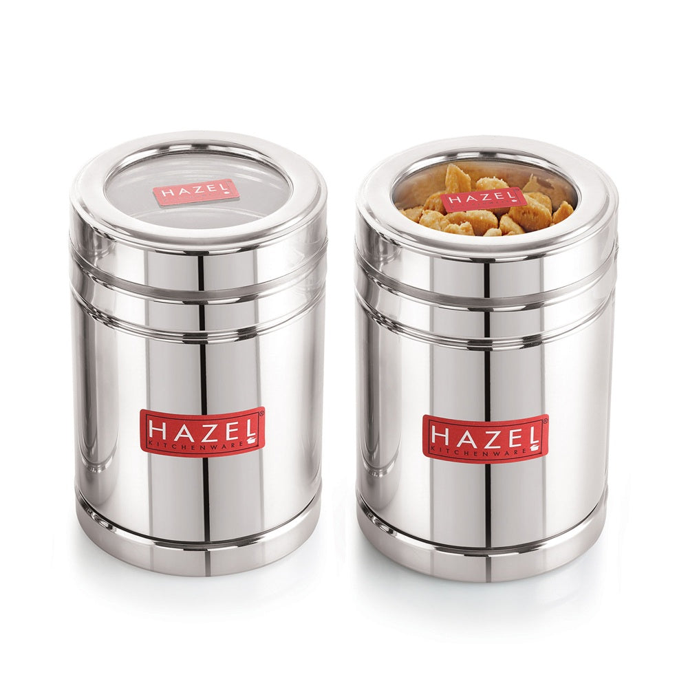 Steel Container With Transparent Lid  for cereals, Set of 2 (1000 ML Each)