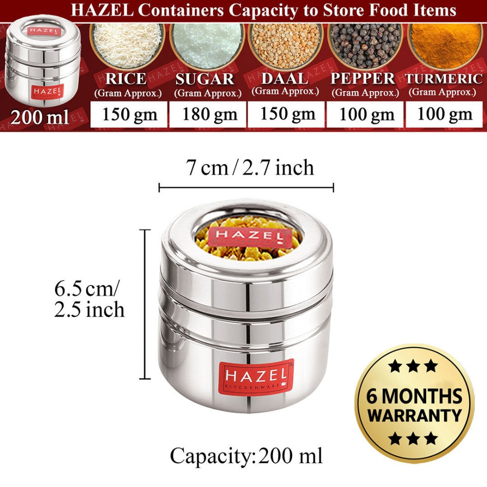 Stainless Steel Storage Containers with Transparent Lids, Set of 6 - 200 ML Each