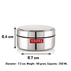 Stainless Steel Mini Airtight Container – 250 ML (Set of 2): labeled dimensions