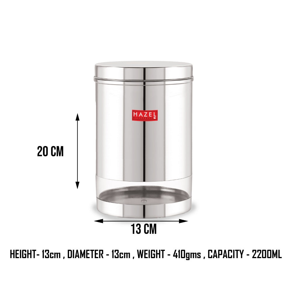 Single storage dabba annotated with 20 cm height, 13 cm diameter and 2200 ml capacity dimensions.