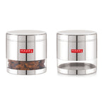 Two steel storage containers side by side, one holding namkeen, on a white background.