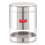 Single tall empty steel storage container with transparent base on a white background.