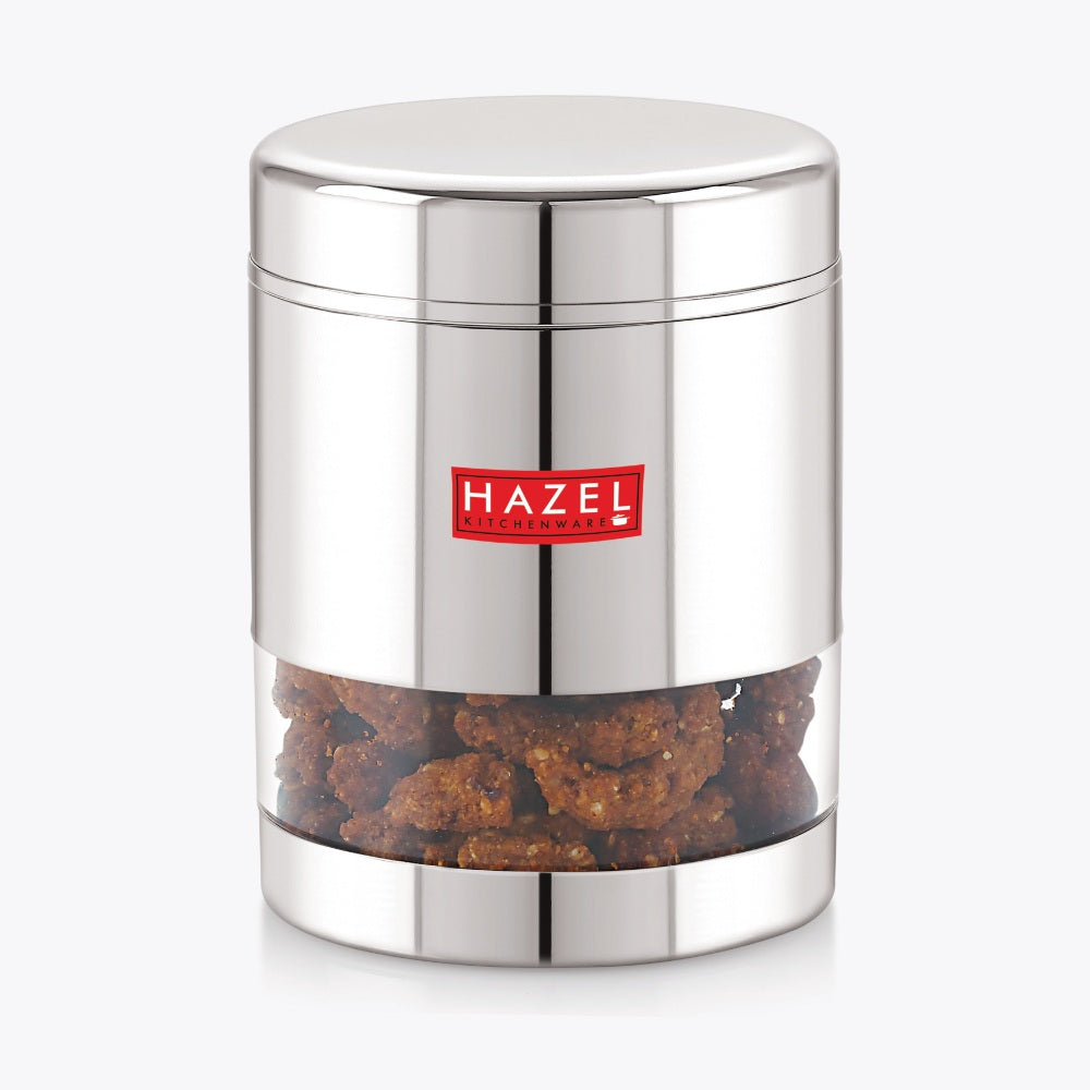 Single steel storage container filled with namkeen visible through the transparent window on a light grey background.